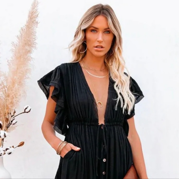 Dresses New Flowy Plunge Maxi Dress Sheer Gauze Cover Up Button Front